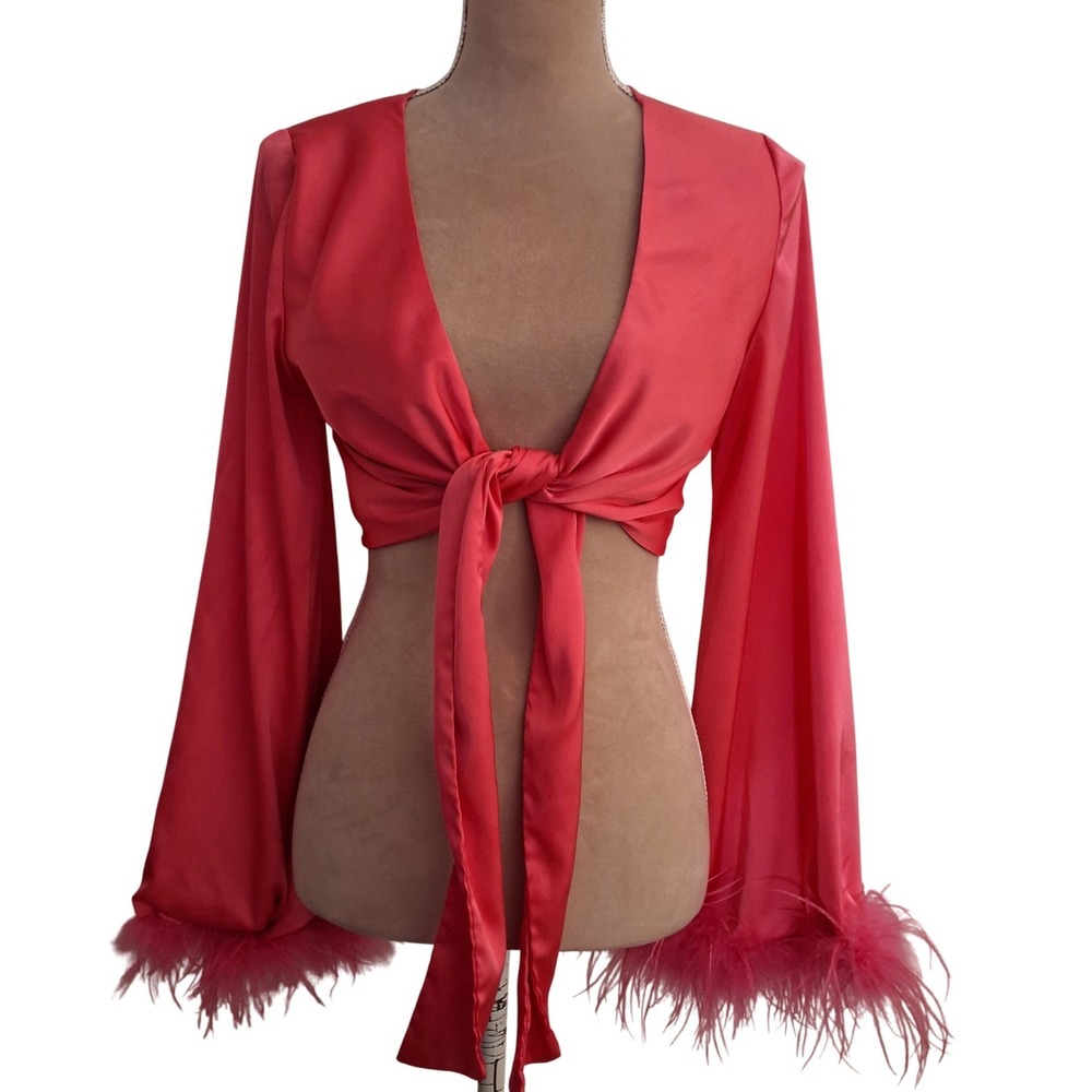 White Fox Coral Pink Satin Tie Front Crop Top Feather Trim Bell Sleeve Small